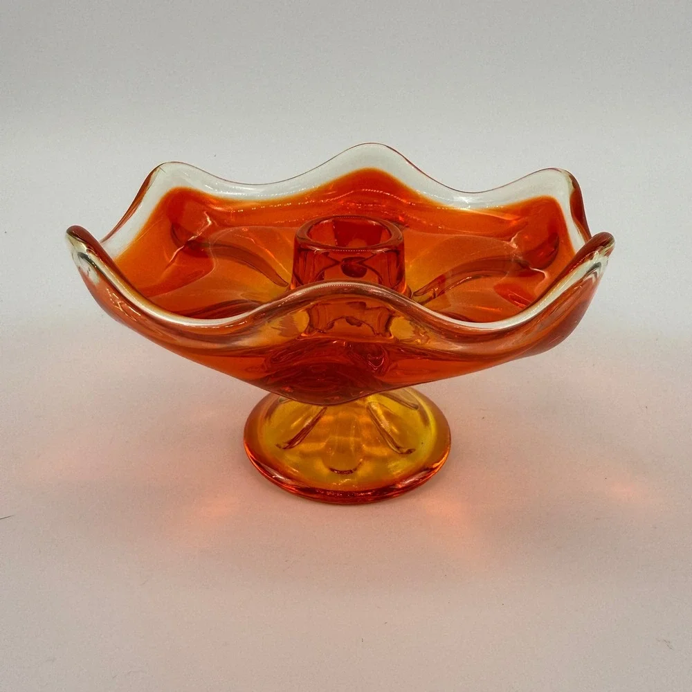 Viking Epic 6 Petal Persimmon Pedestal Taper Candle Holder Art Glass MCM